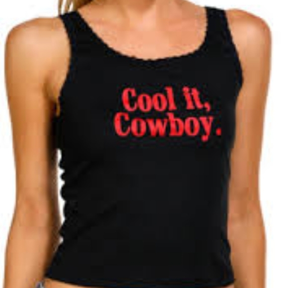 Trendy Black Tank Top with Red Text, "Cool It Cowboy." Size Medium. - Picture 1 of 6